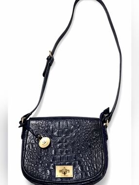 Brahmin Midnight Blue Croc Embossed Leather Shoulder Bag Gold Turnlock Flap